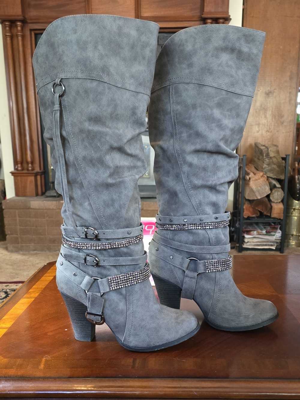 Not Rated "Stacey" Slouchy Rhinestone Heeled Boots - Grey (Size 8)